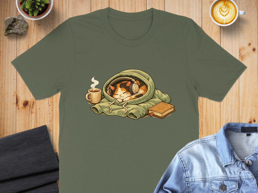 Cozy Cat with Headphones and Coffee T-Shirt