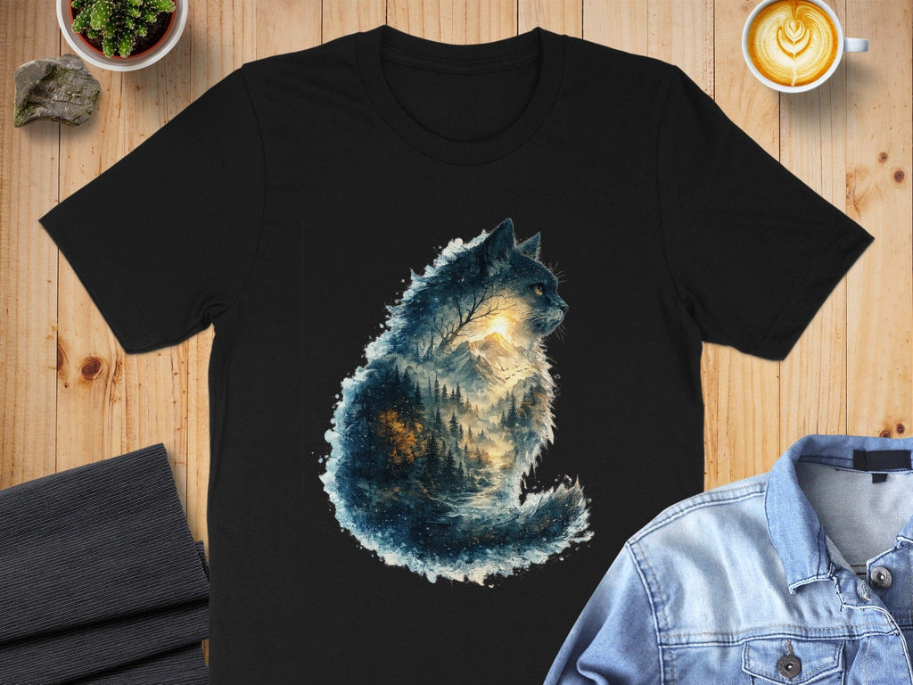 Majestic Mountain Cat Design Art on Black T-Shirt