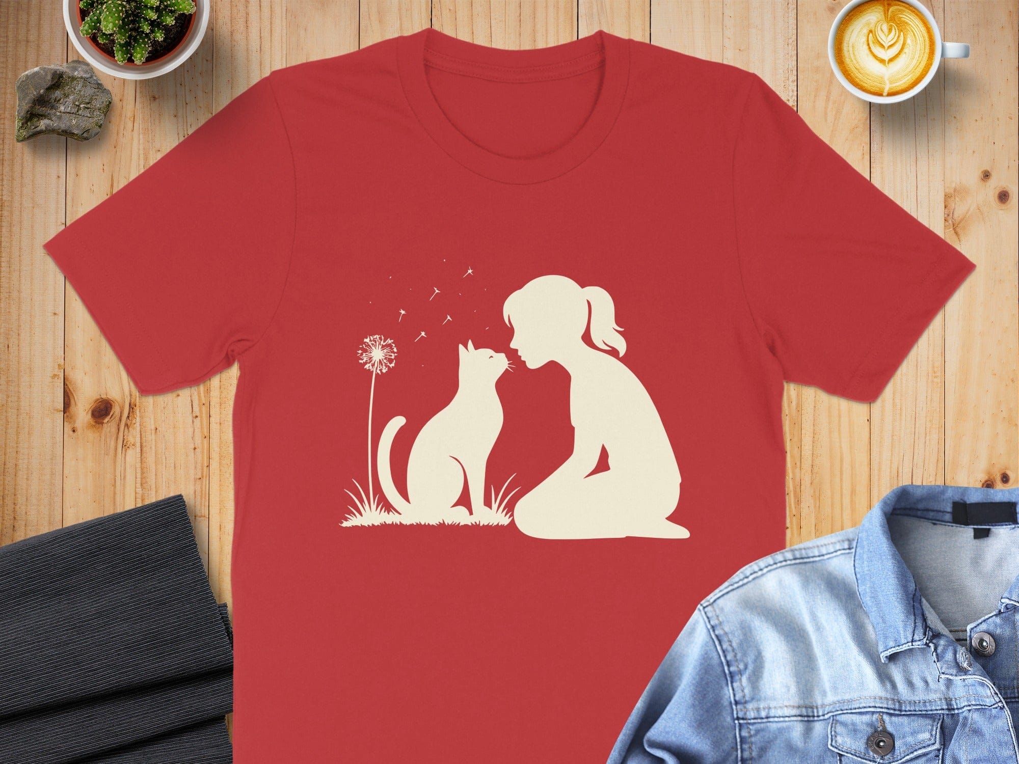 Girl and Cat Silhouette on Red T-Shirt product