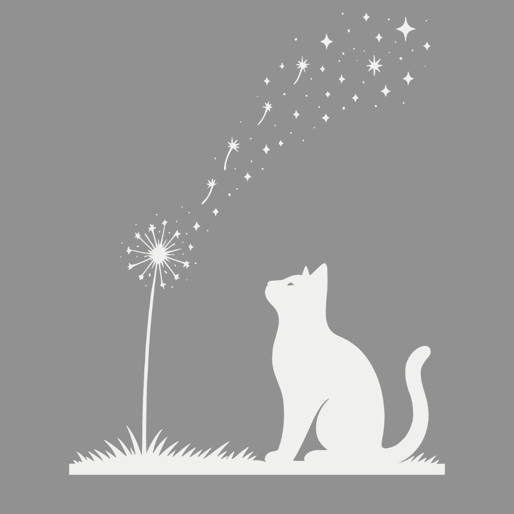 Cat Sitting Next to Dandelion with Floating Stars Decor