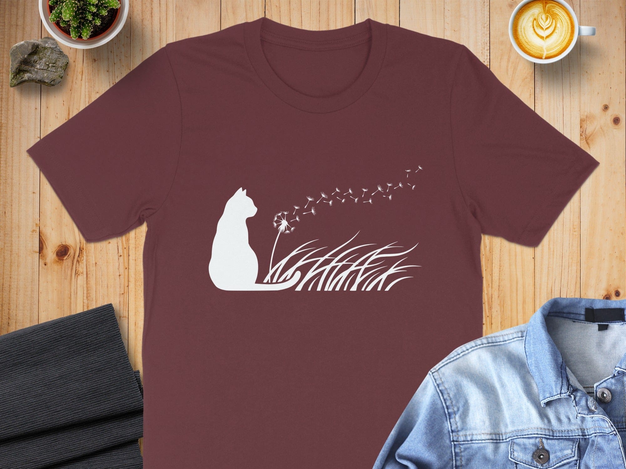 Cat with Dandelion and Birds Graphic T-Shirt