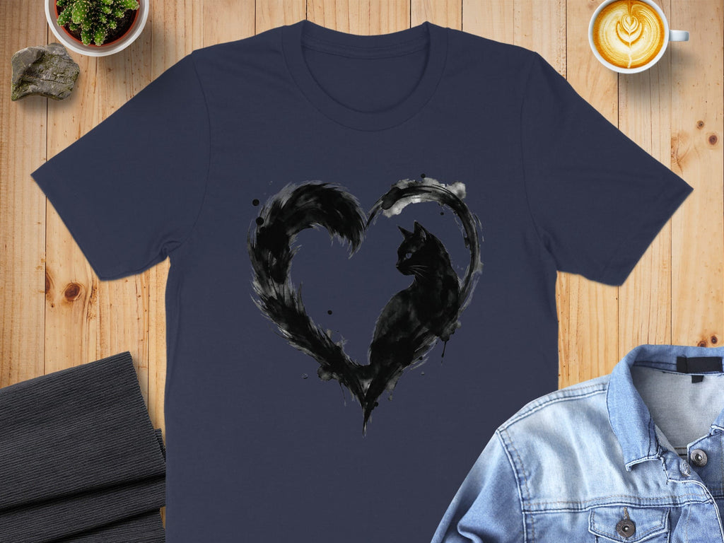Artistic Black Cat in Heart Shape Design T-Shirt