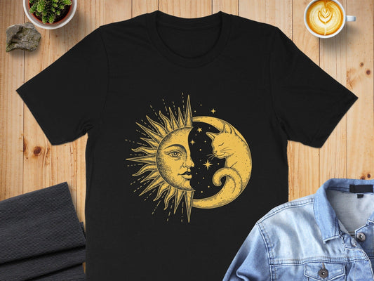 Celestial Sun and Moon with Cat Design T-Shirt