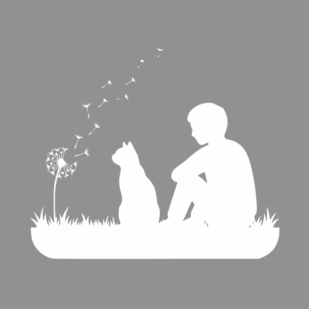 Whimsical Silhouette of Boy with Cat and Dandelion Design