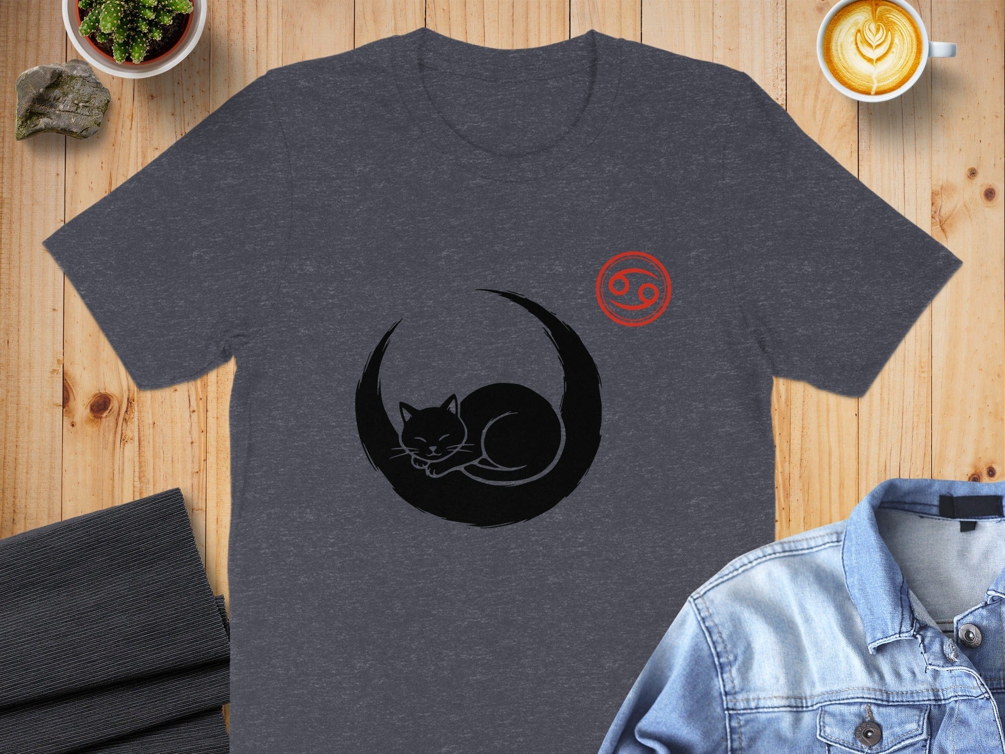 Sleeping Black Cat with Red Symbol Print T-Shirt