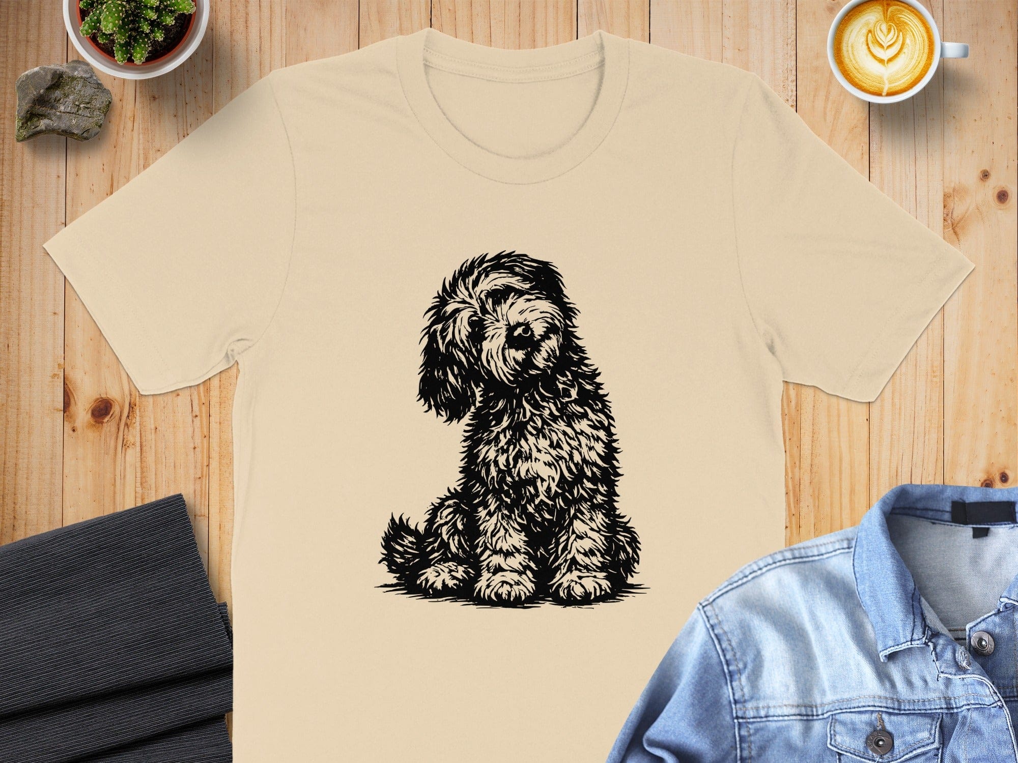 Cute Shaggy Dog Design on Beige T-shirt Product